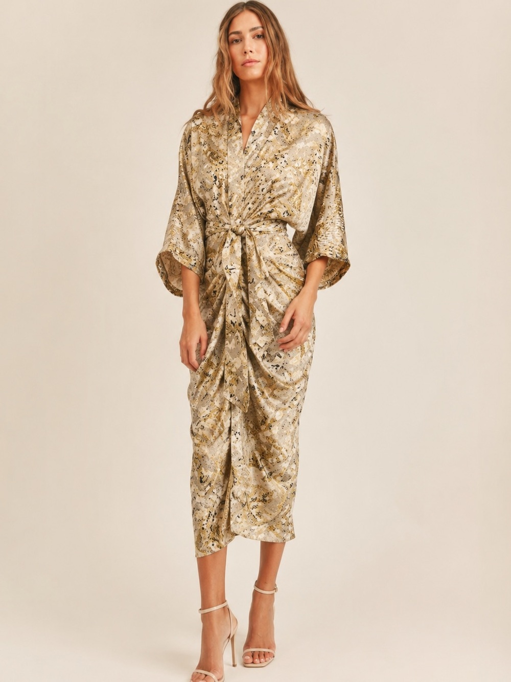 2b. Rych Satin Snake Print Ruched Midi Dress Brown Tan Size S NWOT